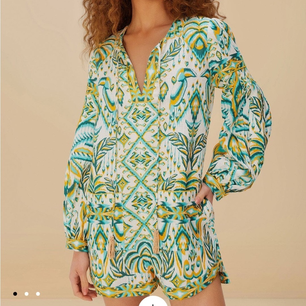 Farm Rio Tropical Tapestry Romper Off White Euroflax Premium Linen Sz M NEW